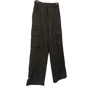 Women's Wide-Leg Cargo Pants Gray Polyester Elastic Waist Multiple Pockets